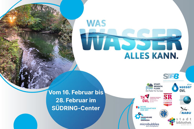 Ein Plakat für die Veranstaltung "WAS WASSER ALLES KANN", die am 16. Februar stattfand, zeigt eine ruhige Flussszene, Logos verschiedener Organisationen und einen Aufruf zum Handeln.