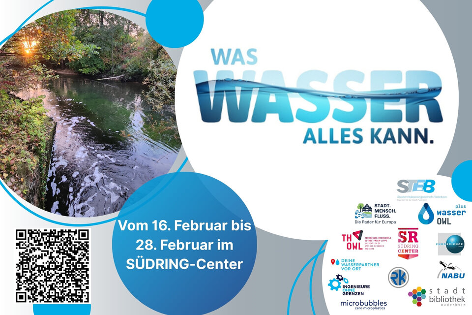 Ein Plakat für die Veranstaltung "WAS WASSER ALLES KANN", die am 16. Februar stattfand, zeigt eine ruhige Flussszene, einen QR-Code und Logos für verschiedene Organisationen.