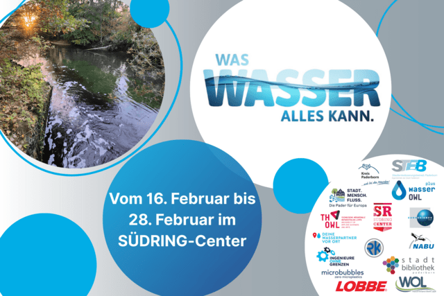Eine Collage aus blauen Kreisen und Text wirbt für die Veranstaltung "WAS WASSER ALLES KANN" und zeigt einen Fluss, Bäume und die Logos verschiedener Organisationen.