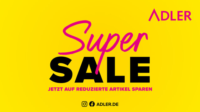 Auf einem leuchtend gelben Hintergrund steht in pinker Schreibschrift "Super Sale", begleitet von einem kleineren pinkfarbenen Logo und einem schwarz-weißen Slogan.