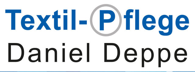 Ein blaues Logo für "Textil-Pflege" zeigt einen grauen Kreis mit einem blauen "P" und den Namen "Daniel Deppe" in schwarzer Schrift.