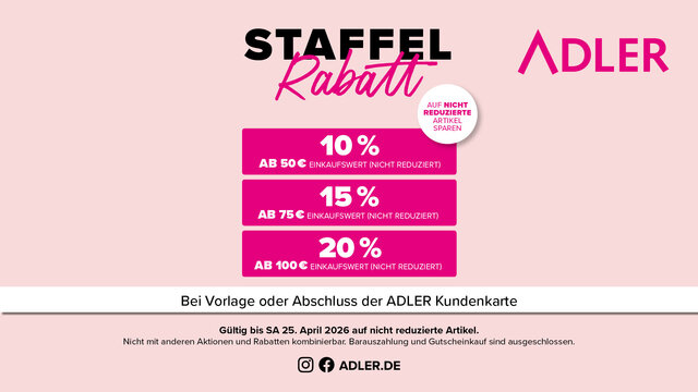 Eine Anzeige für ADLER Rabatt enthält drei Preisstufen: 10 %, 15 % und 20 % Rabatt, mit der Aufforderung, die Website für weitere Informationen zu besuchen.
