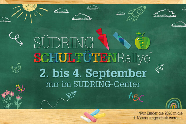 Ein farbenfrohes Plakat im Kreidetafel-Stil für die „Südring Schultüten-Rallye“ zeigt einen Regenbogen, eine Sonne, eine Rakete und Kreidetafel-Utensilien sowie Text in Deutsch und Englisch.