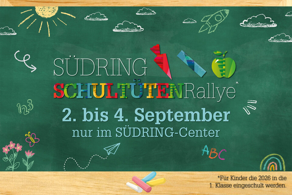 Ein farbenfrohes Plakat im Kreidetafel-Stil für die „Südring Schultüten-Rallye“ zeigt einen Regenbogen, eine Sonne, eine Rakete und Kreidetafel-Utensilien sowie Text in Deutsch und Englisch.