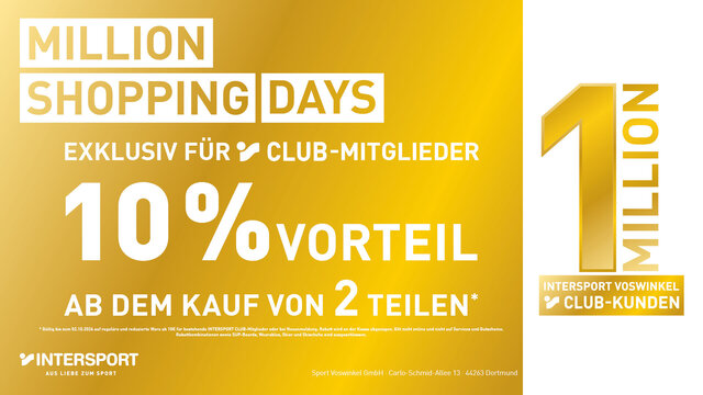 Eine goldfarbene Werbeanzeige für Intersport Voswinkel Club-Kunden zeigt ein großes „1 MILLION“-Logo, einen deutlich hervorgehobenen Rabatt von „10 %“ sowie einen Slogan zu exklusiven Club-Mitgliedschaften.