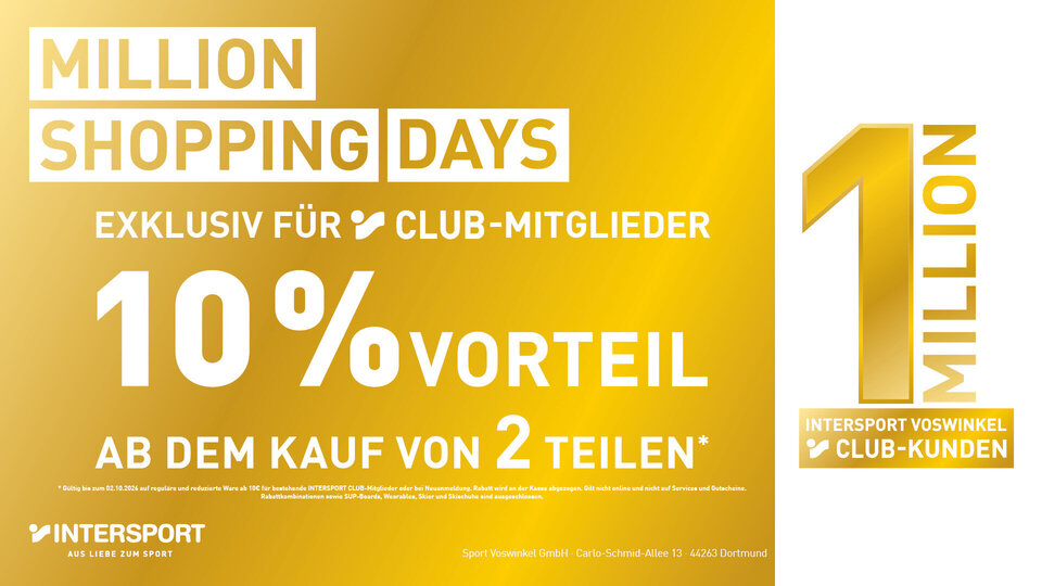 Eine goldfarbene Werbeanzeige für Intersport Voswinkel Club-Kunden zeigt ein großes „1 MILLION“-Logo, einen deutlich hervorgehobenen Rabatt von „10 %“ sowie einen Slogan zu exklusiven Club-Mitgliedschaften.
